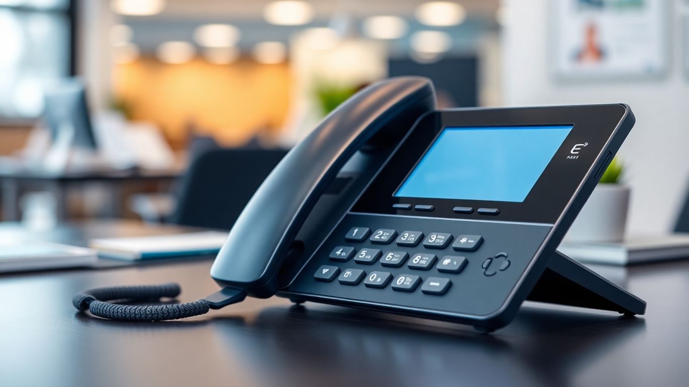 Business phone with menu options on screen