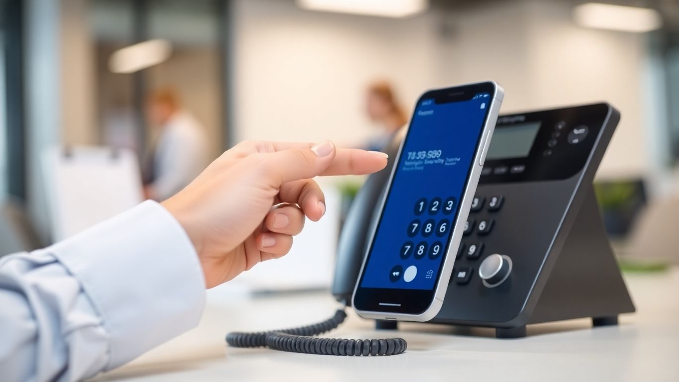 Modern phone system and smartphone in an office.