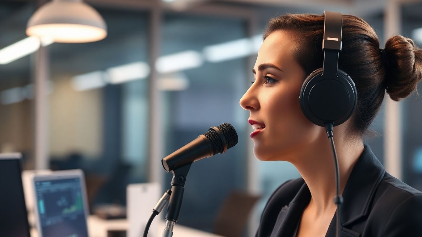 Person speaking into a microphone in an office.