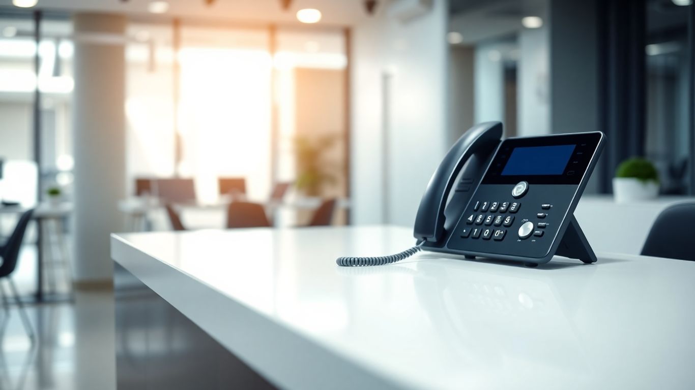 VoIP phone system on an office desk.