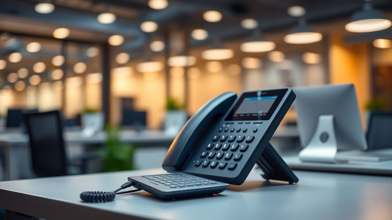 VoIP phone system on an office desk.