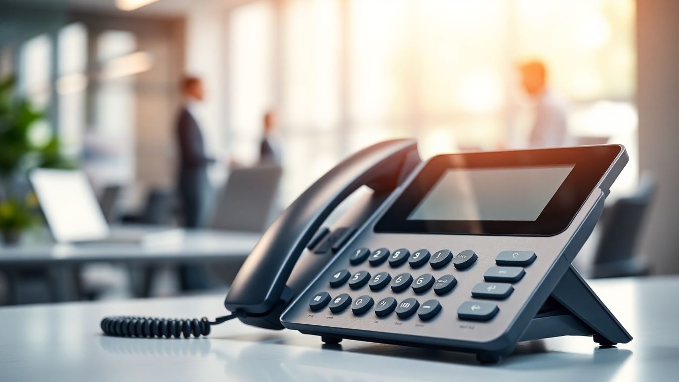 Modern desk phone in an office, efficient business calls.