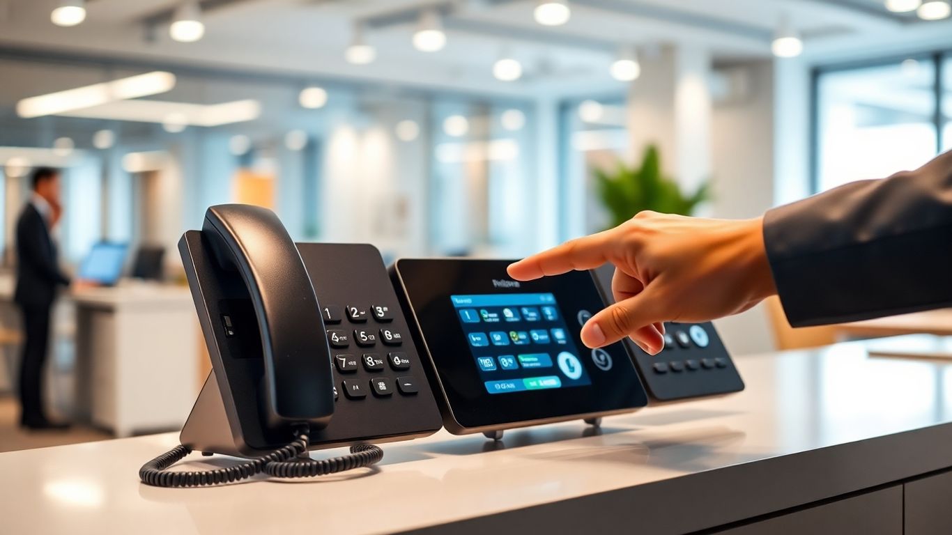Phone system console managing call queues in an office.