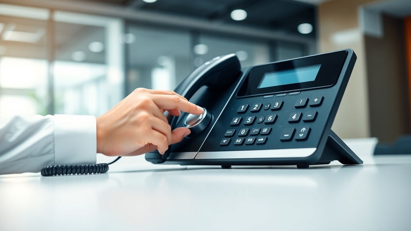 Phone system with hand adjusting dial for call management.