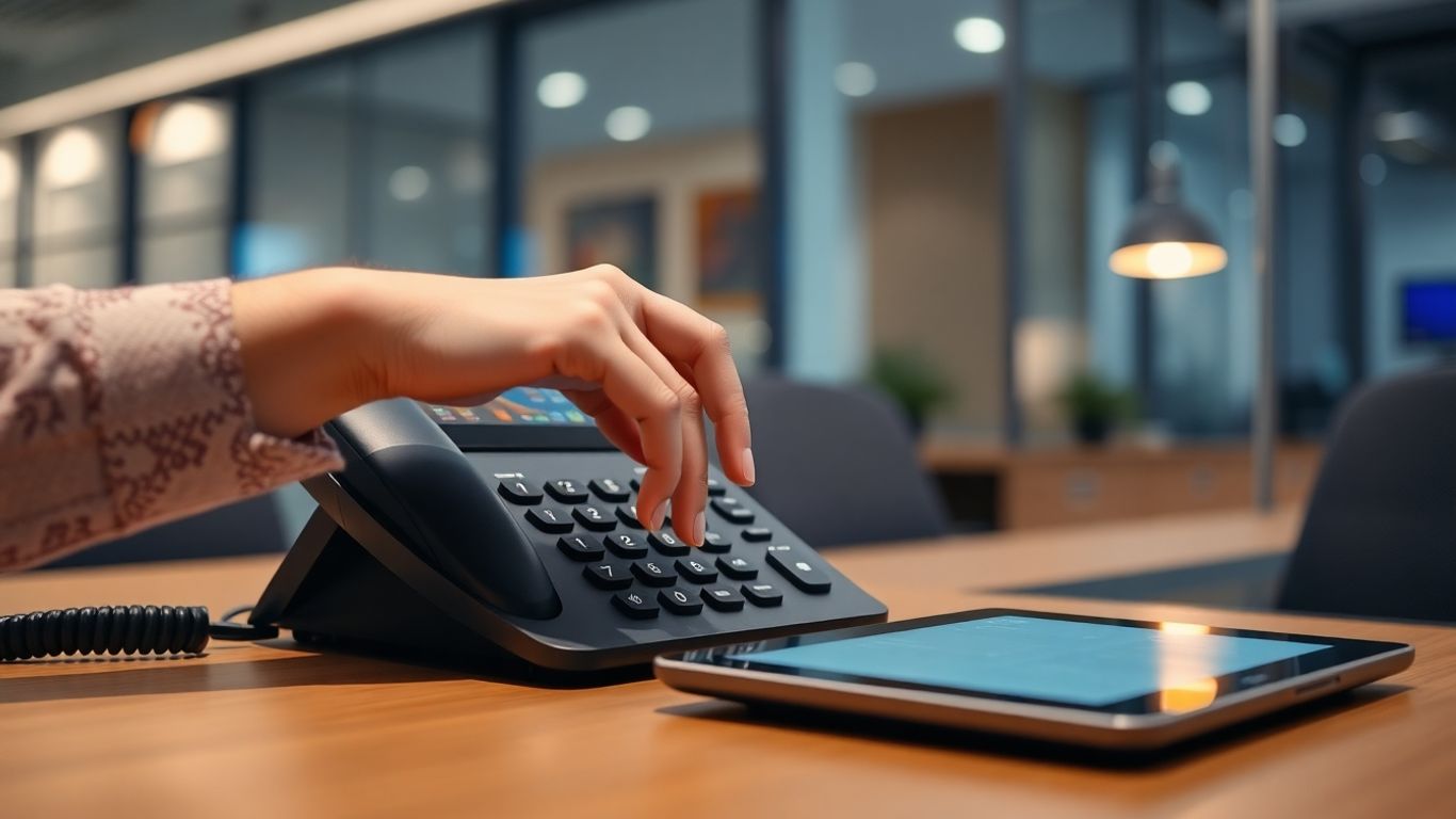 Modern desk phone with a hand interacting with it.