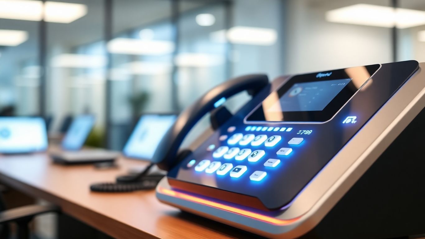 Advanced phone system console in a modern office.