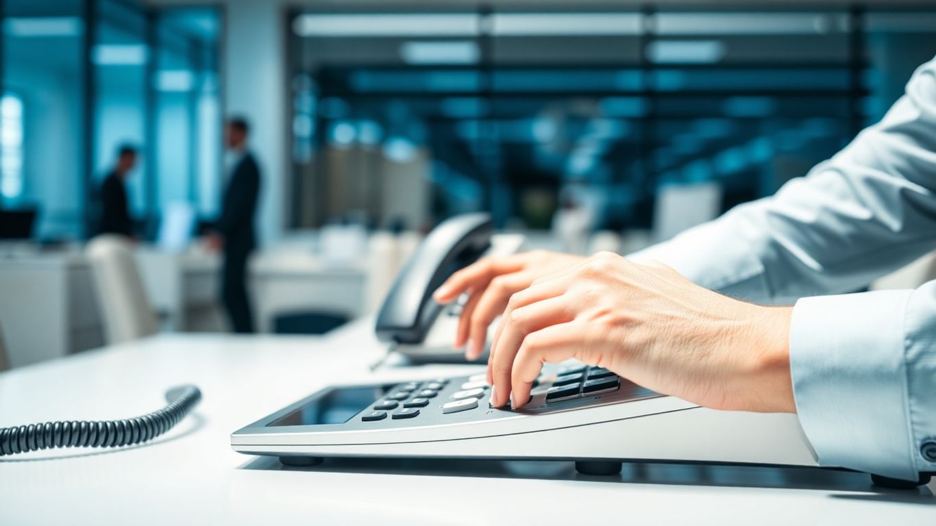 Modern office phone system with hands managing calls.