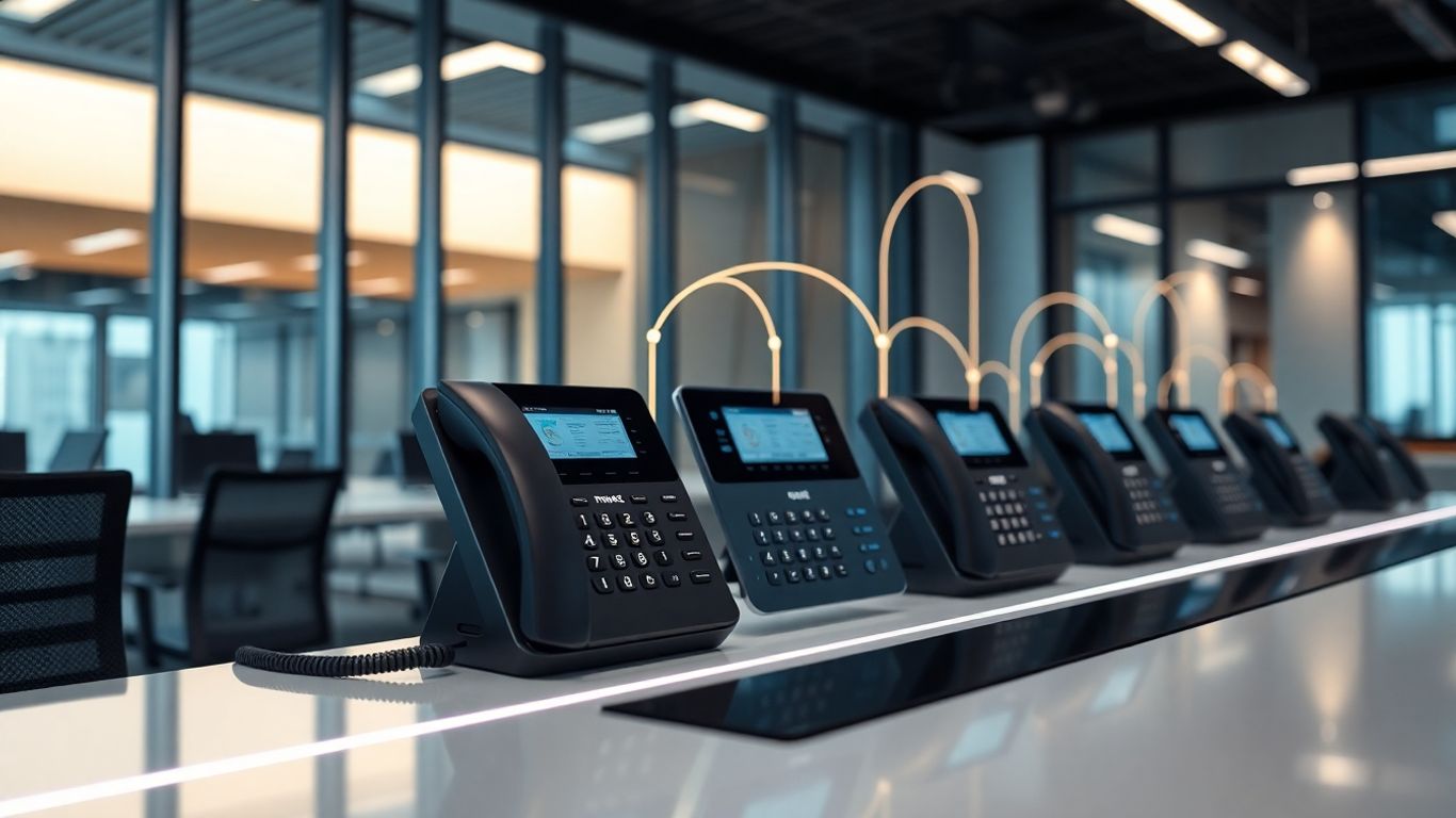 Advanced phone system console with glowing connection lines.