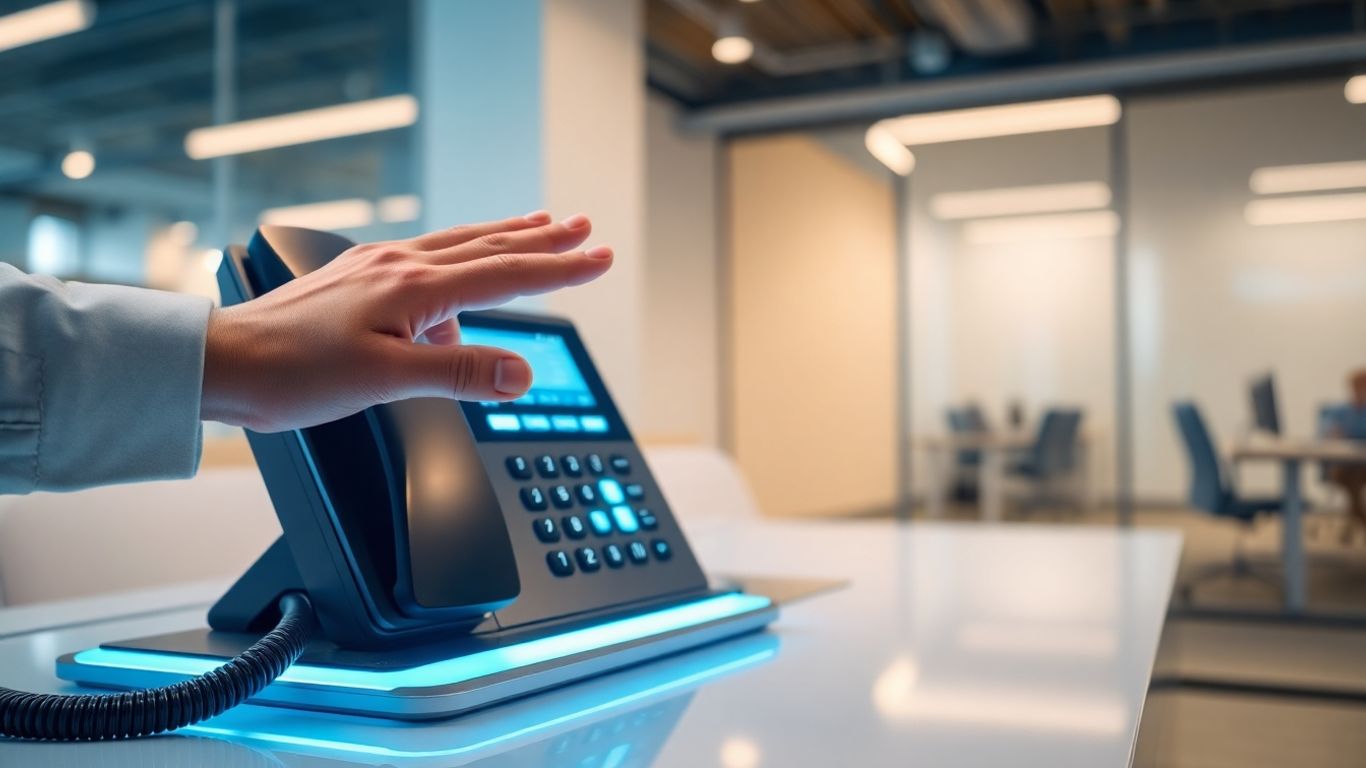 Modern phone system console in an office
