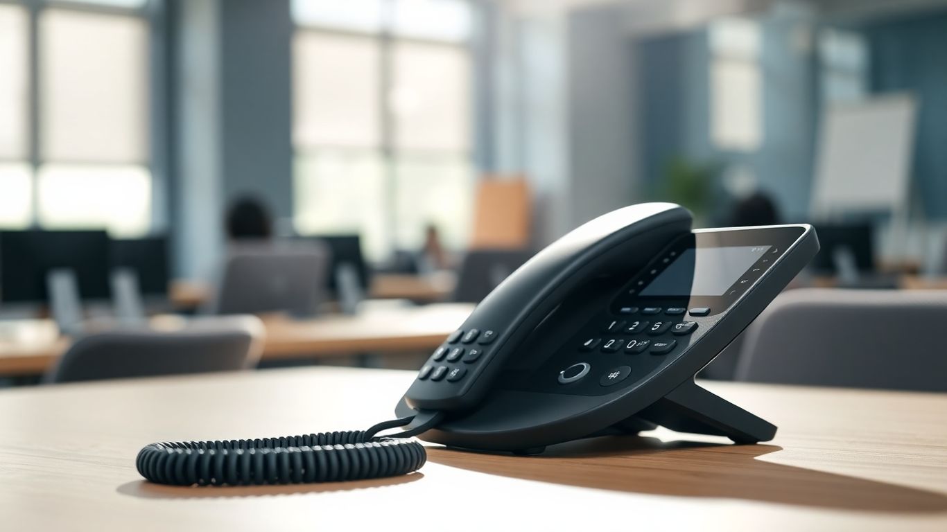 Small business phone system on an office desk.