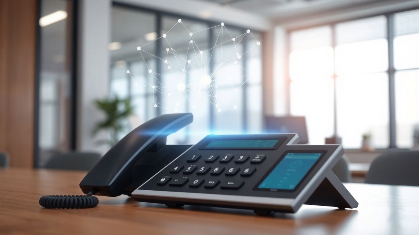 Modern desk phone with glowing digital interface