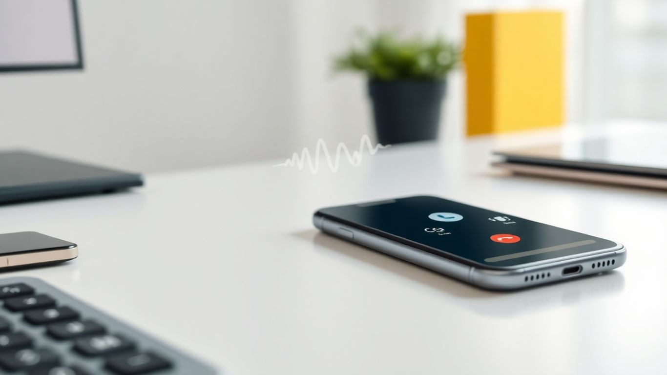 Smartphone with auto attendant call interface on office desk.