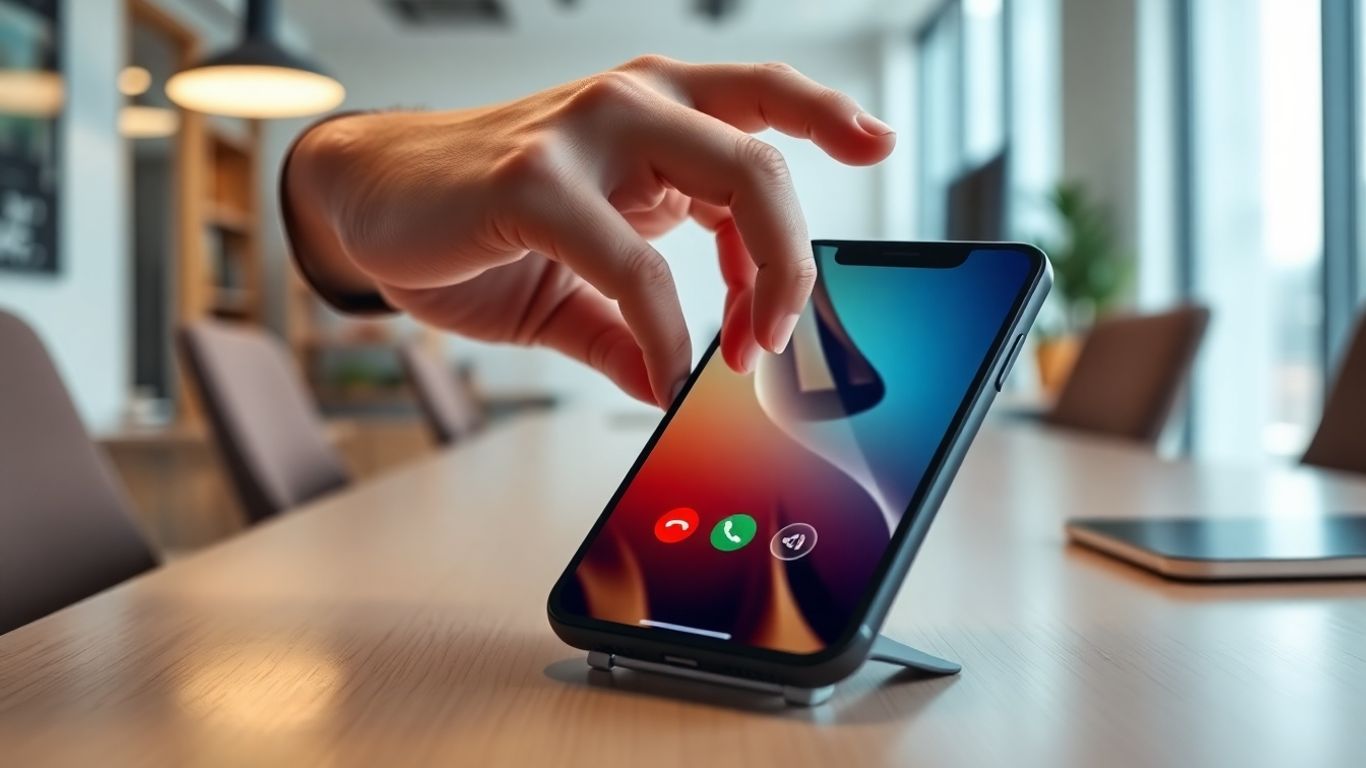 Modern office desk with phone and professional hand.