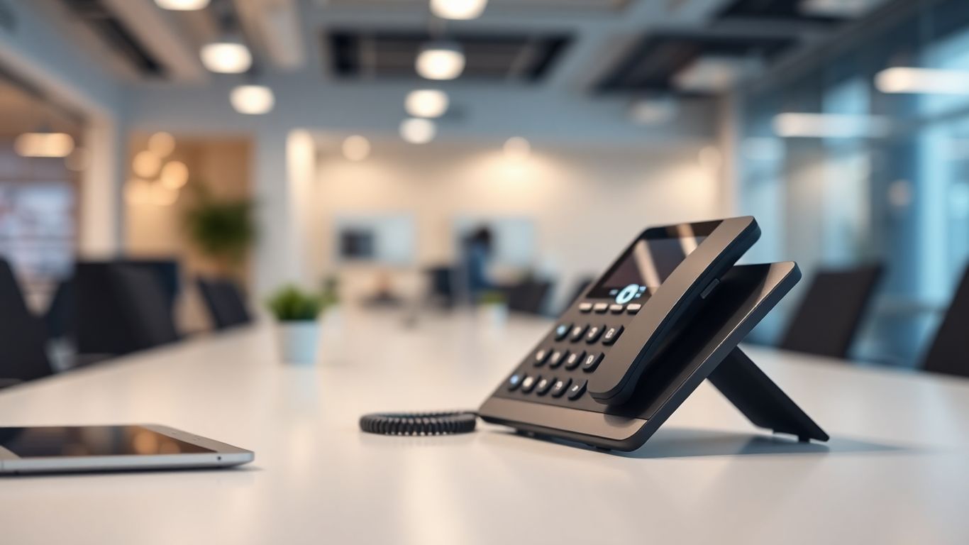 Modern office desk phone with blurred office background.