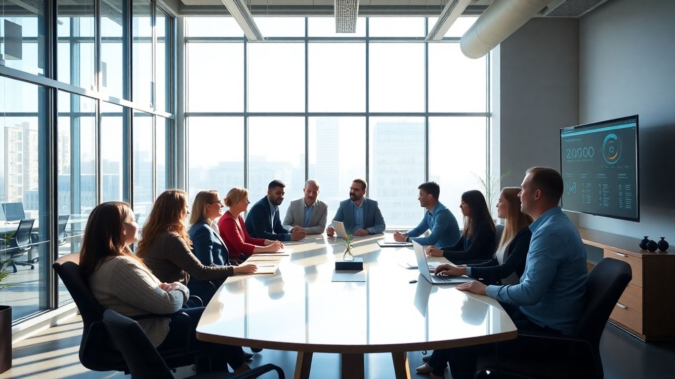 Business professionals in a modern office with technology.