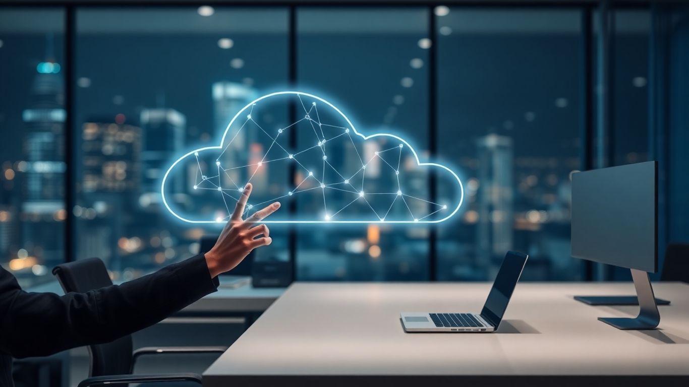 Modern office desk with holographic cloud phone system interface.
