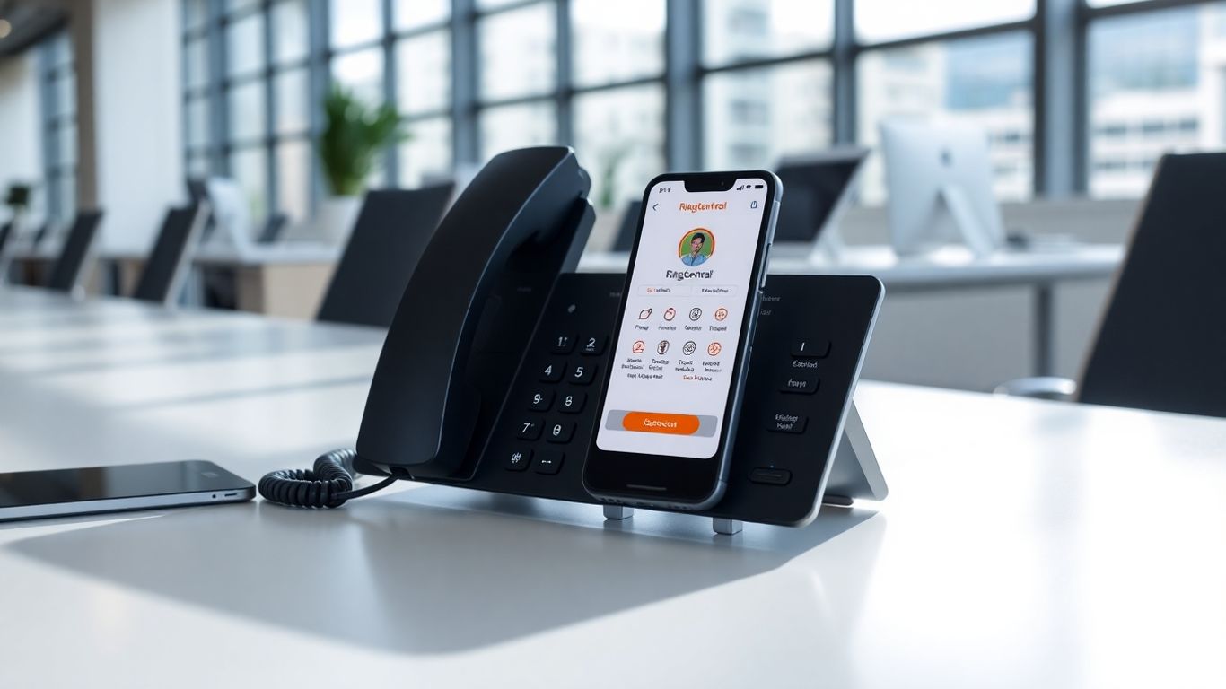 RingCentral app on a smartphone in an office.