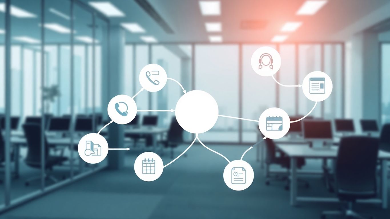Business call flow diagram with phone and service icons.