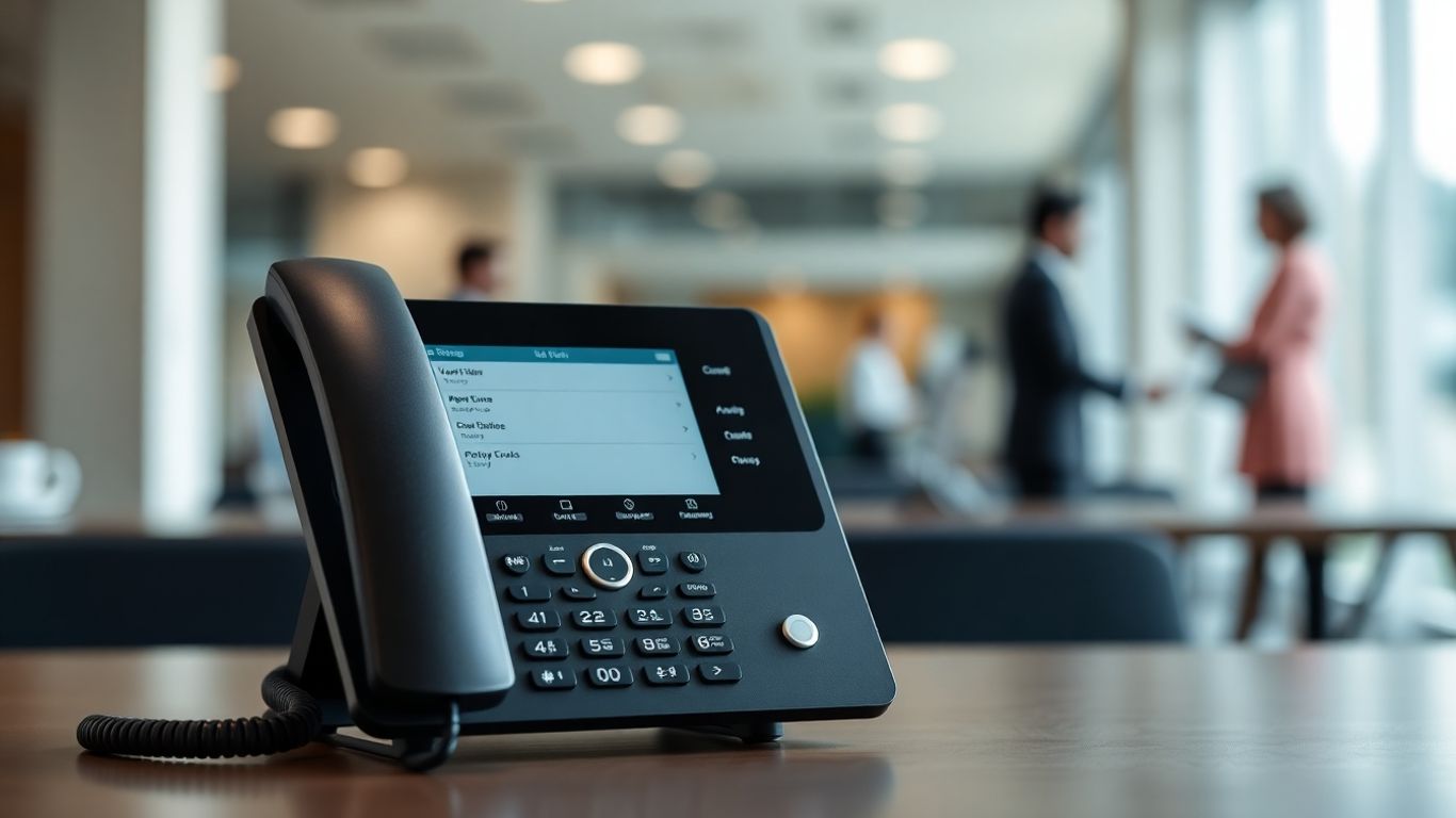 Modern desk phone with a call menu on screen.