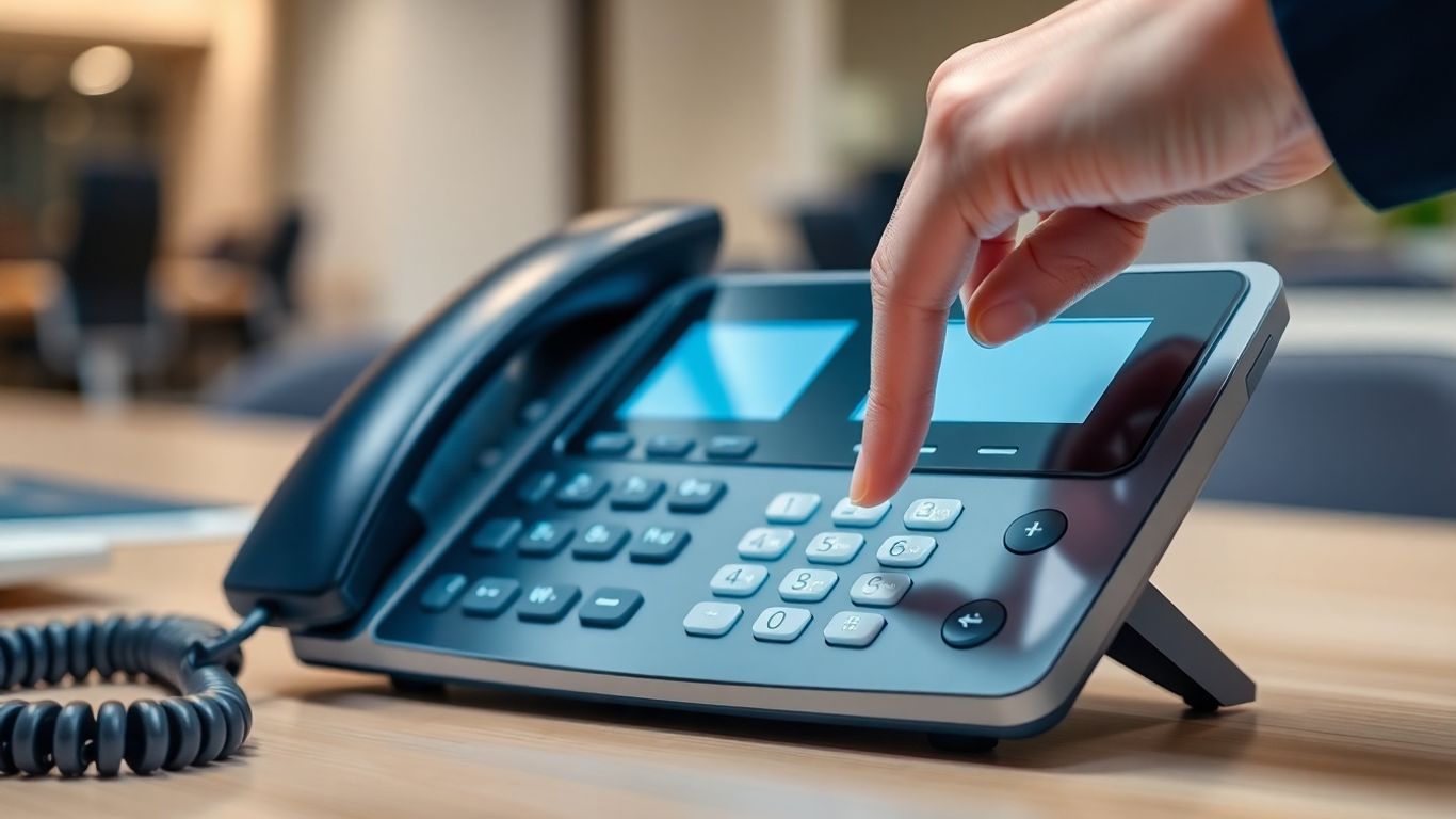 Modern desk phone with a hand pressing a button.