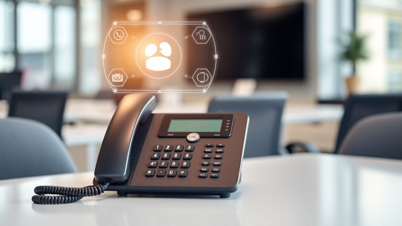 Modern business phone with digital interface for auto attendant.