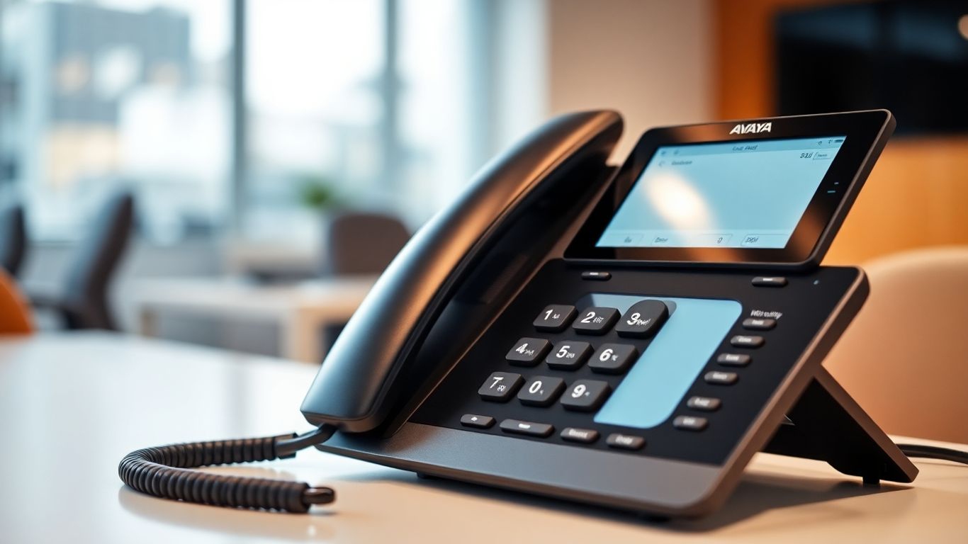 Avaya phone system auto attendant interface on a desk.