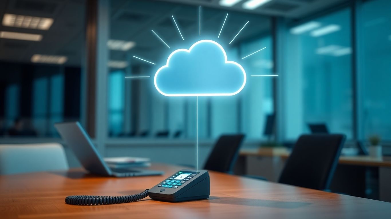 Cloud icon connecting to a phone, digital lines radiating.