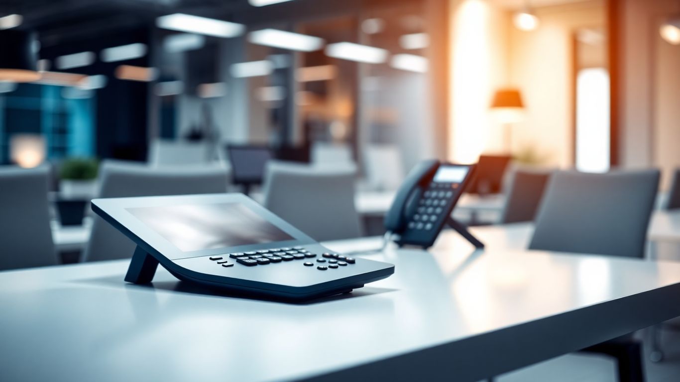 Cloud auto attendant phone system in a modern office.