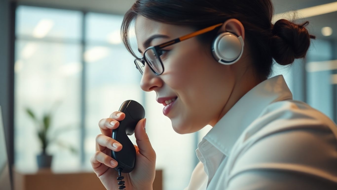 Person using an auto attendant phone system.