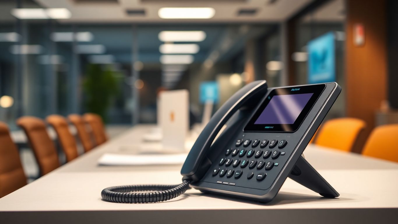 VoIP phone on a desk in a modern office.