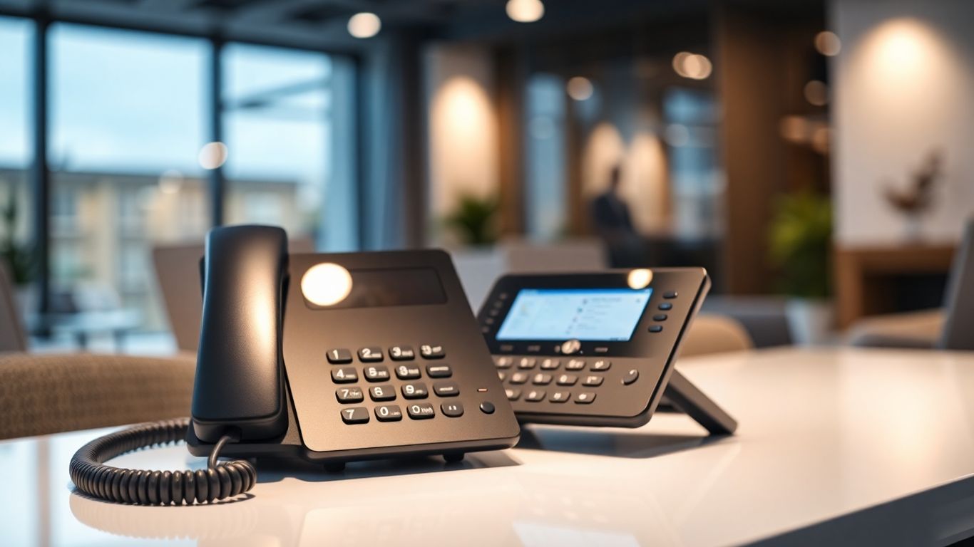 VoIP phone on a clean office desk.