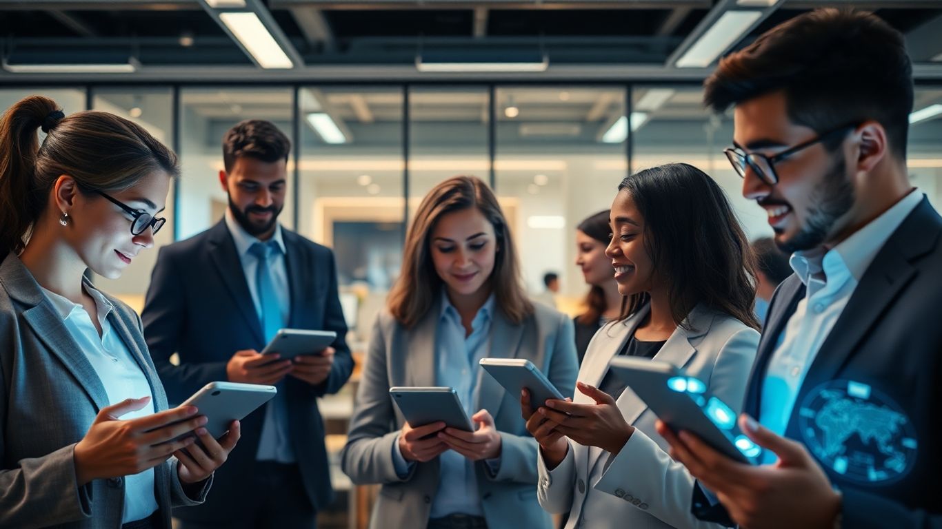 Modern office with professionals using advanced communication technology.