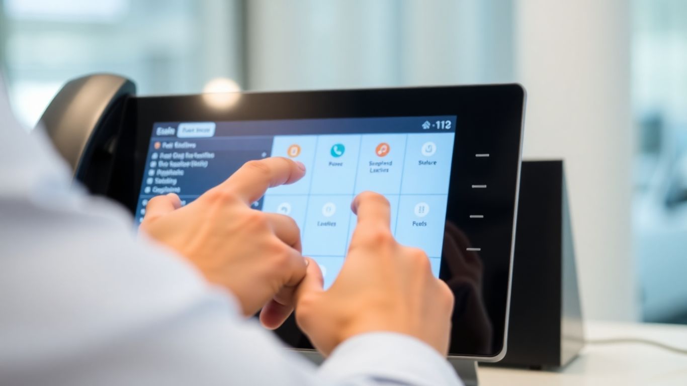 Modern phone system interface with hands managing calls.