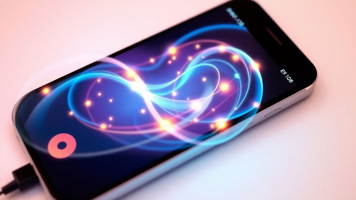 Smartphone with abstract call flow visualization.