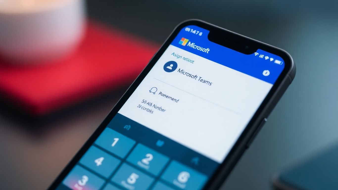 Microsoft Teams phone number assignment on a smartphone screen.
