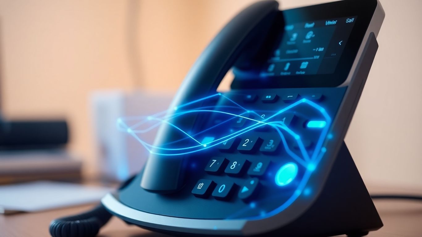 Home phone with glowing digital call management lines.
