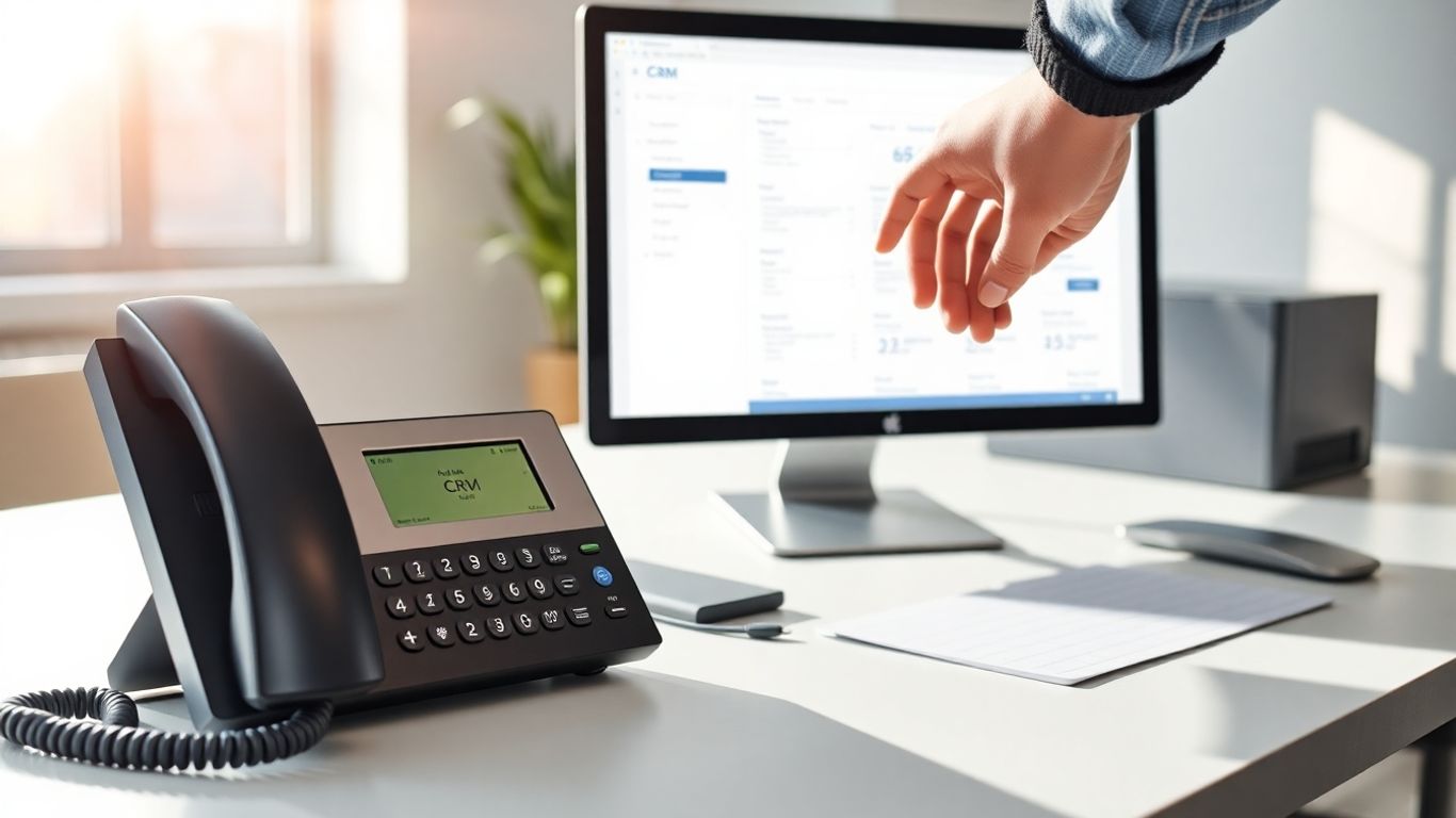 Phone system integrated with CRM software on a desk.