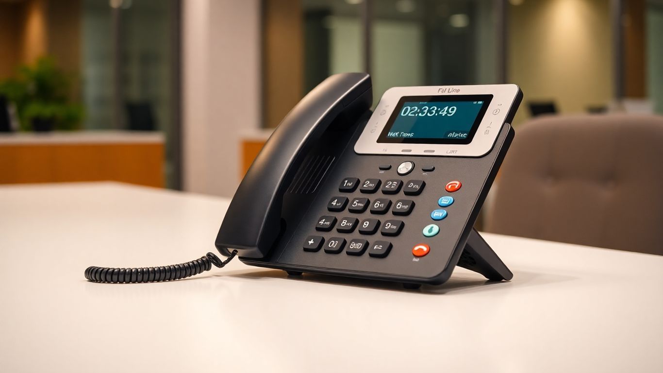 Modern office phone with active call time display.