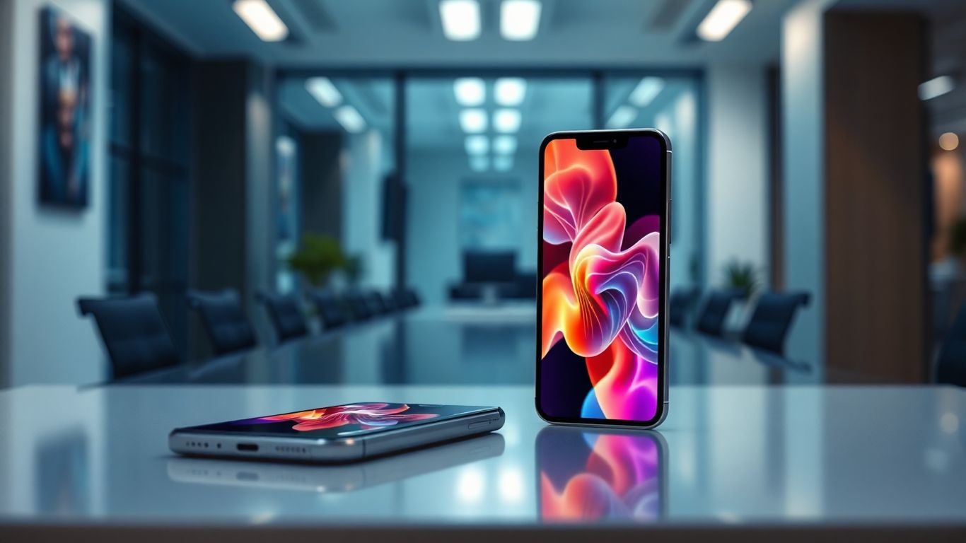 Smartphone displaying AI interface for business phone system.