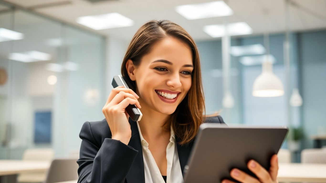 Businessperson using a VoIP phone in a modern office.