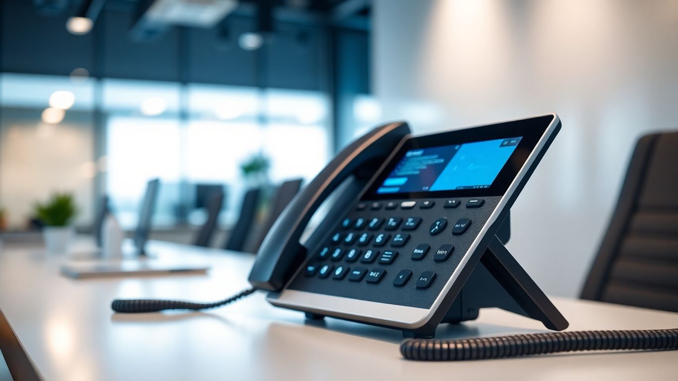 VoIP phone system on a business desk.