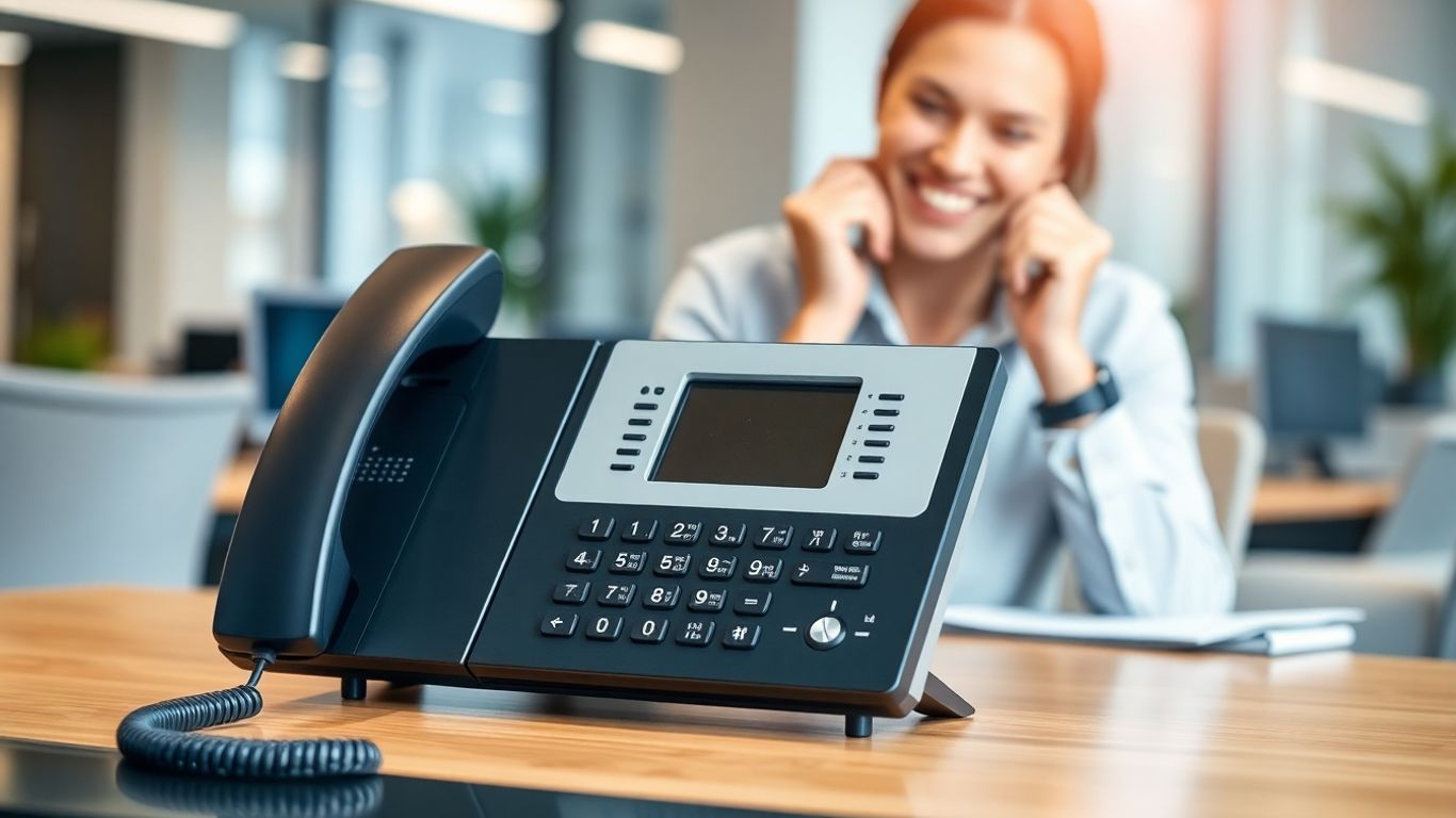 VoIP phone system boosting business communication in an office.