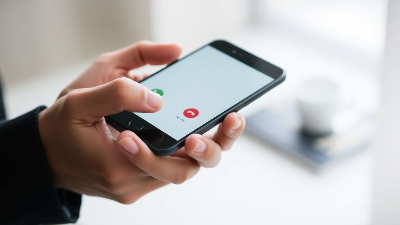 Hand holding phone with auto attendant settings on screen.