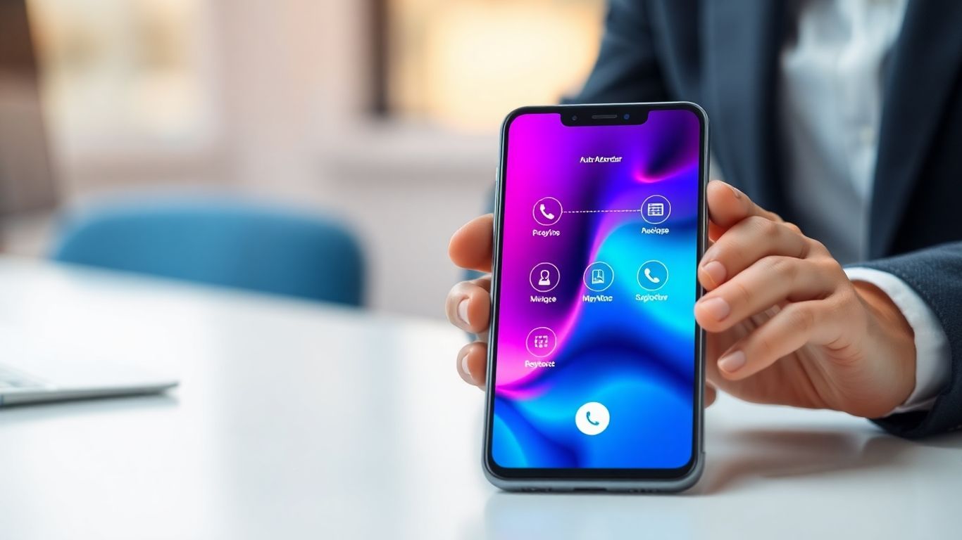 Smartphone with auto attendant interface on office desk.
