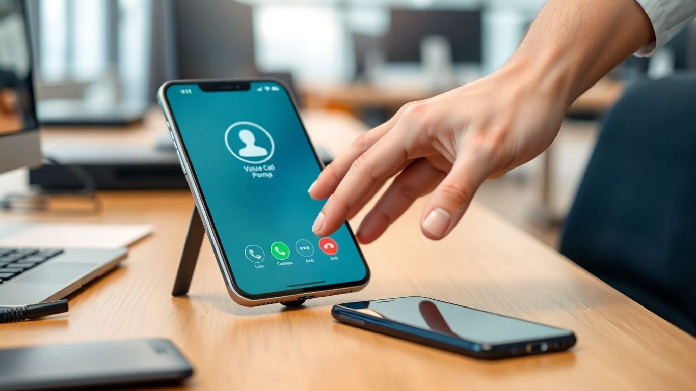 Smartphone with auto attendant interface on office desk.