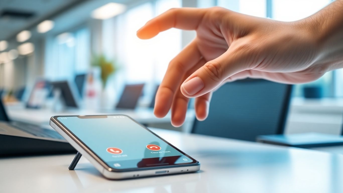 Smartphone with auto attendant interface on an office desk.