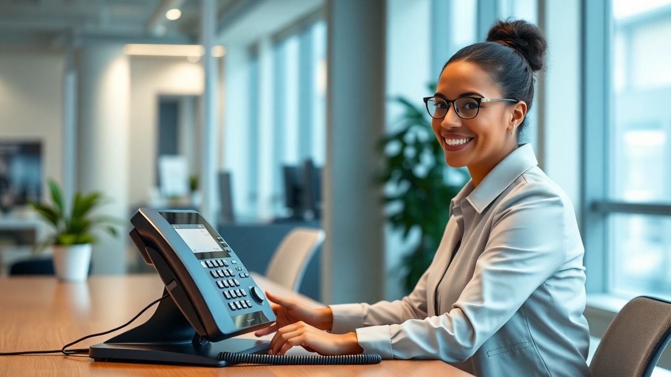 Business person using an advanced auto attendant phone system.