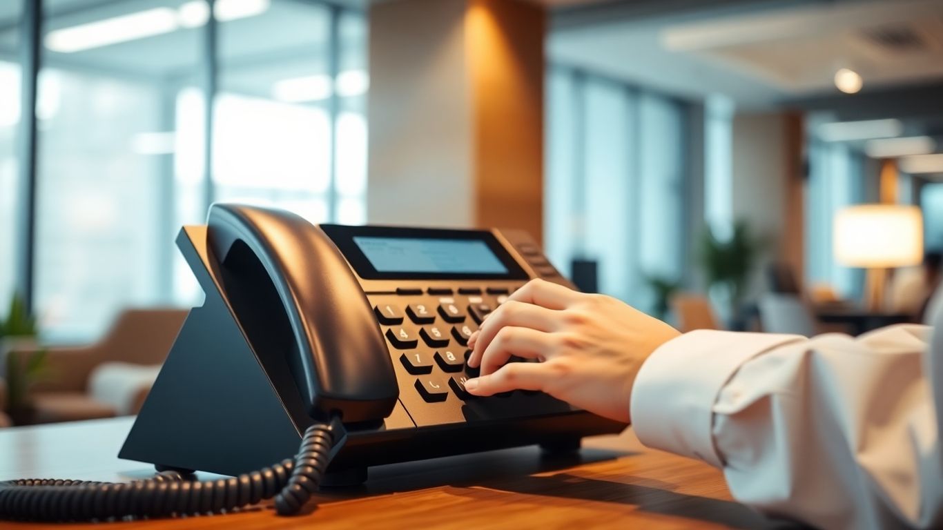 Business phone system console with hands managing calls.