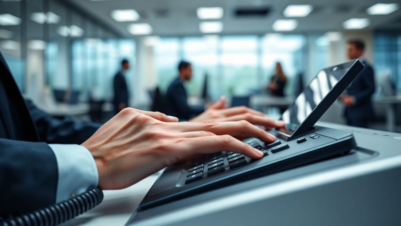 Business phone system console with hands managing calls.