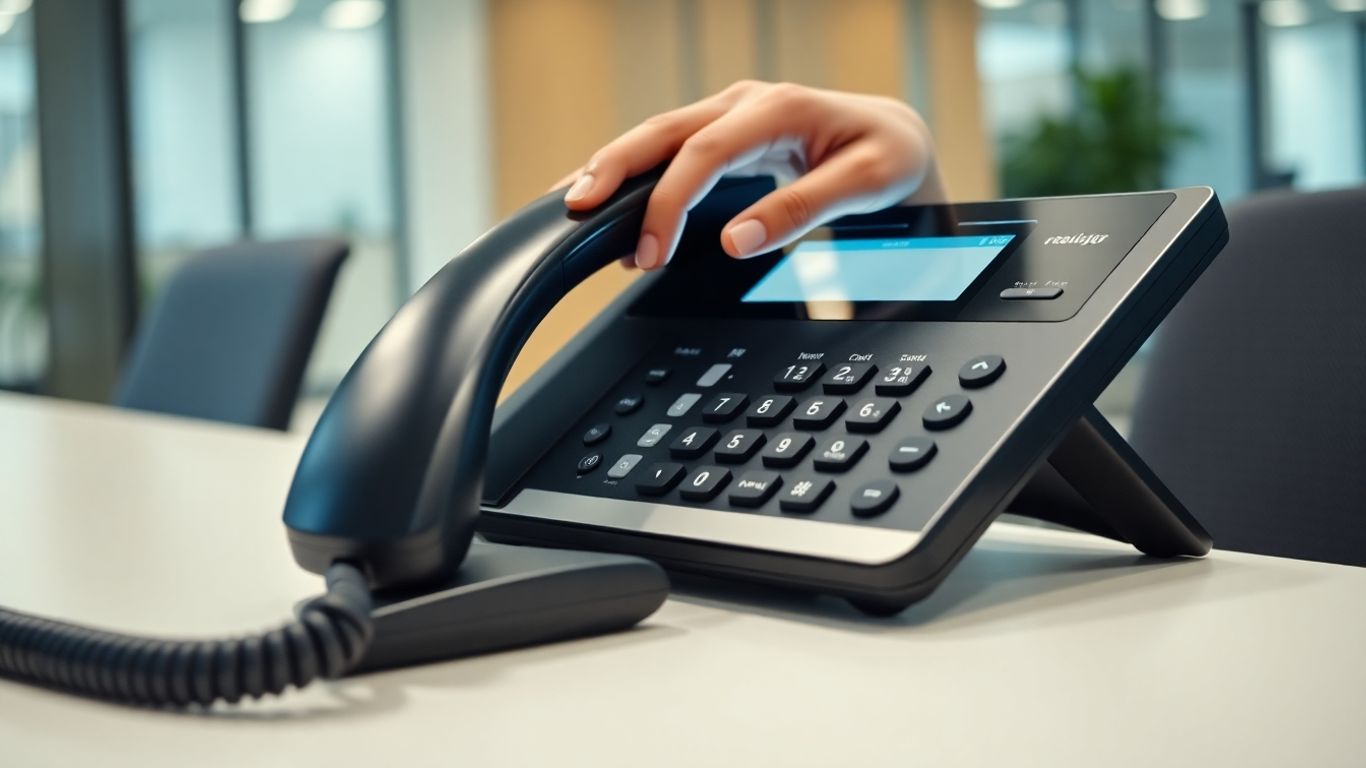 Business phone system interface with hands managing calls.